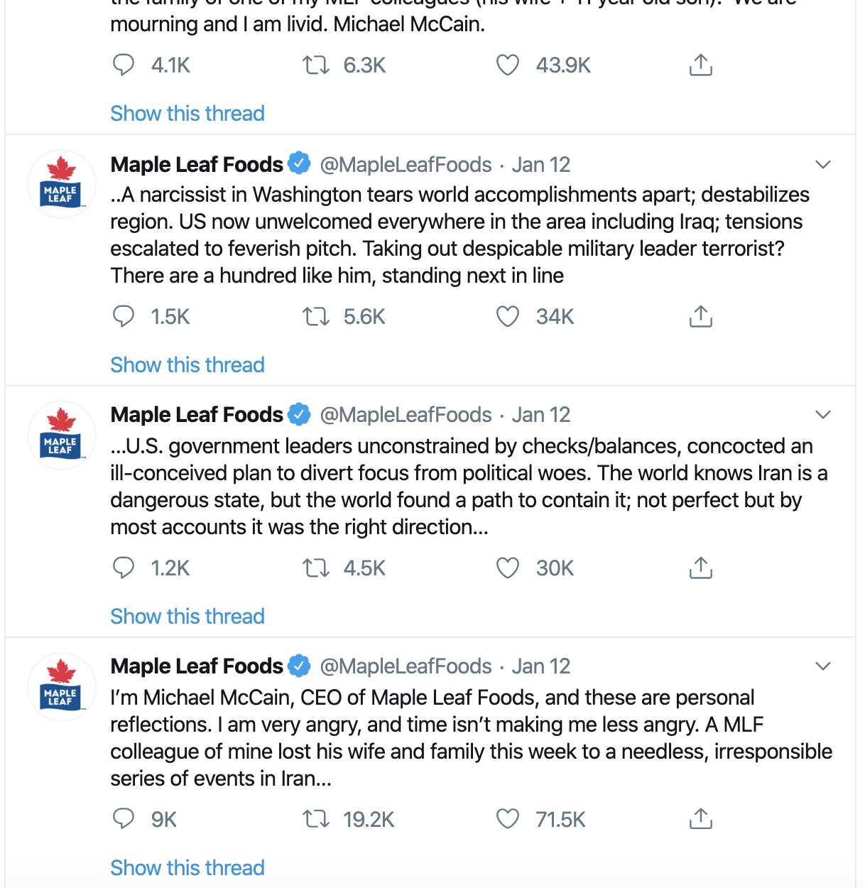 Maple Leaf Foods Twitter Feed - Ukrainian Plane Crash - Social Media Strategy